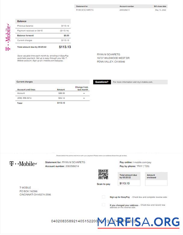 Blank USA T MOBILE utility bill Word and PDF template